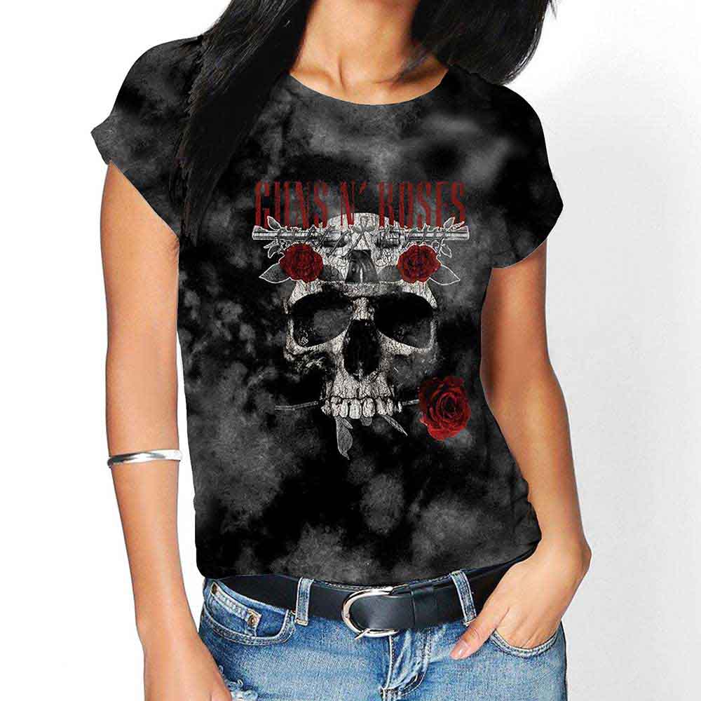 Guns N' Roses Unisex T-Shirt: Flower Skull (Dip-Dye On Grey) (Wash Collection)