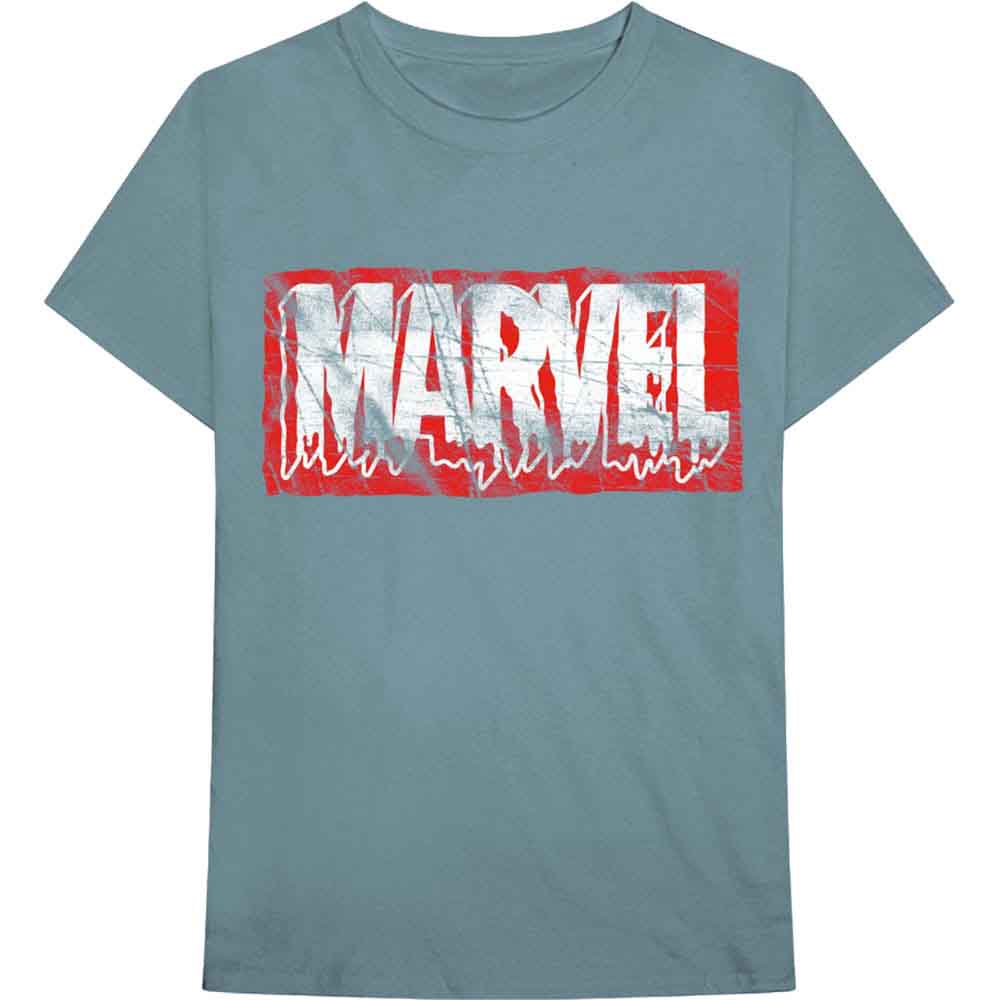 Marvel Comics Unisex T-Shirt: Distressed Dripping Logo (Light Blue)