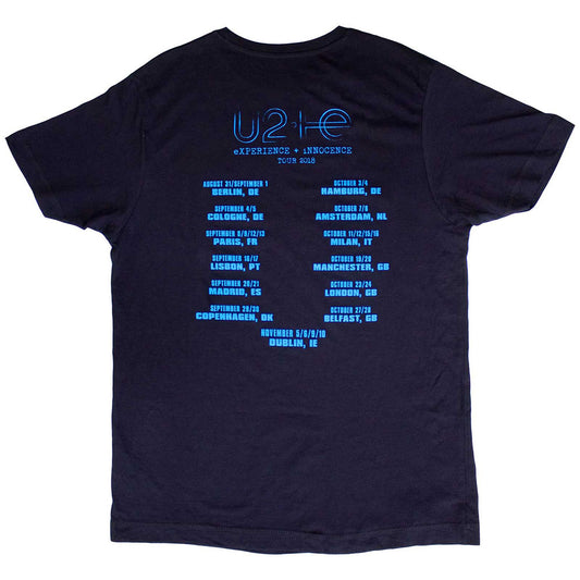 U2 Unisex T-Shirt: Logo E+I 2018 Tour Dates (Navy Blue) (Back Print & Ex-Tour)