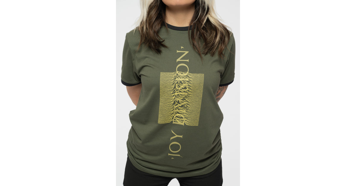 Maglietta Ringer Ufficiale Joy Division 'Blended Pulse' – T-Shirt Unisex In Cotone Morbido, Colore Verde Kaki, Taglie S-XXL
