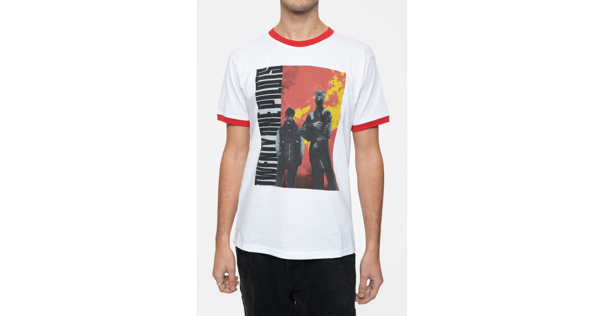 Maglietta Ringer Ufficiale Twenty One Pilots | Side Stand Design | Unisex In Cotone Riciclato Con Collo E Maniche Rosse | Taglie S-XXL