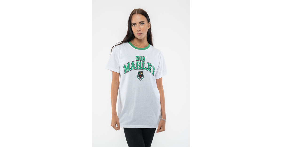 T-Shirt Ringer Bob Marley Collegiate Crest Officiel Unisexe Blanc - Qualité Premium