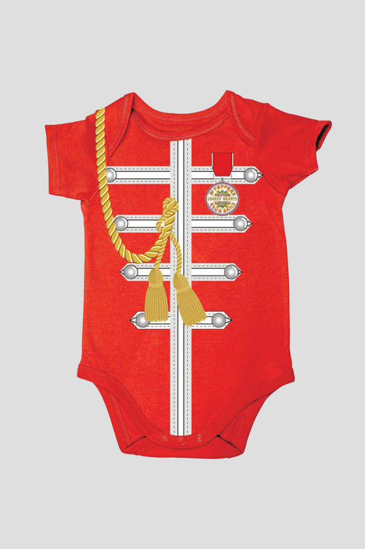 The Beatles Sgt. Pepper Uniform Baby Grow, red baby bodysuit with military jacket design