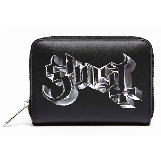Ghost Chrome Band Logo Zip Top Purse in black faux leather