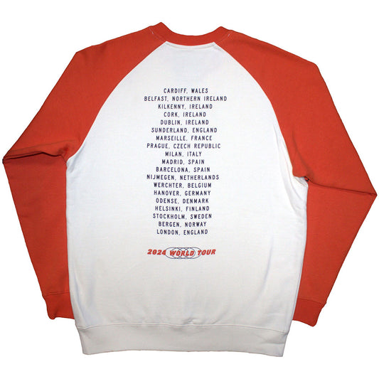 Bruce Springsteen Unisex Raglan T-Shirt: Tour '24 Wheel (White & Orange) (Back Print & Ex-Tour)
