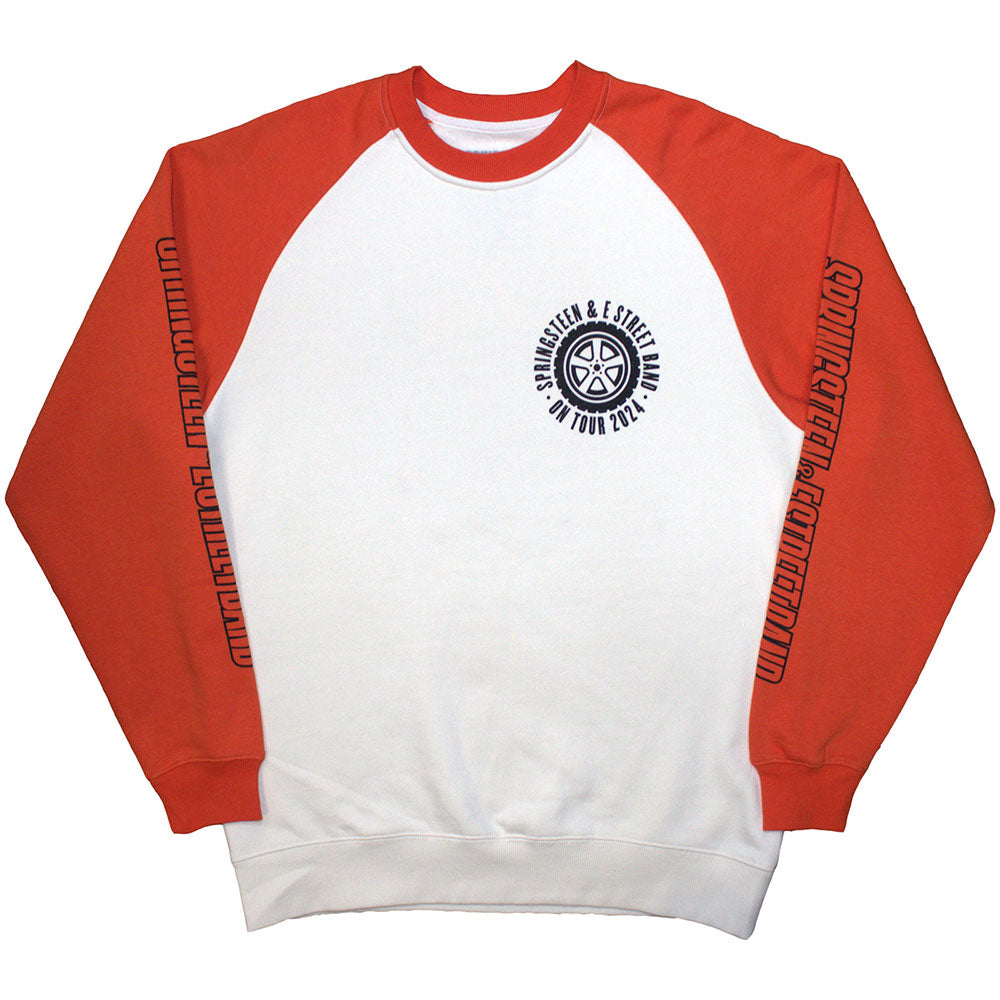 Bruce Springsteen Unisex Raglan T-Shirt: Tour '24 Wheel (White & Orange) (Back Print & Ex-Tour)