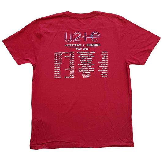 U2 Unisex T-Shirt: I+E 2018 Tour Dates (Maroon Red) (Back Print & Ex-Tour)